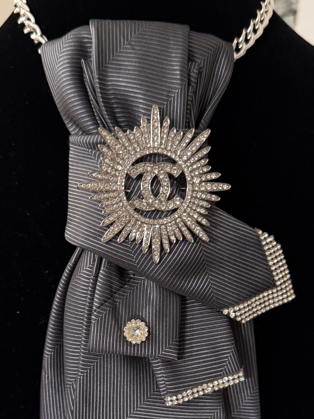 Statement Gray and Silver TIE NECKLACE with Rhinestone Brooch, Pin and Trim - Picture 2 of 8